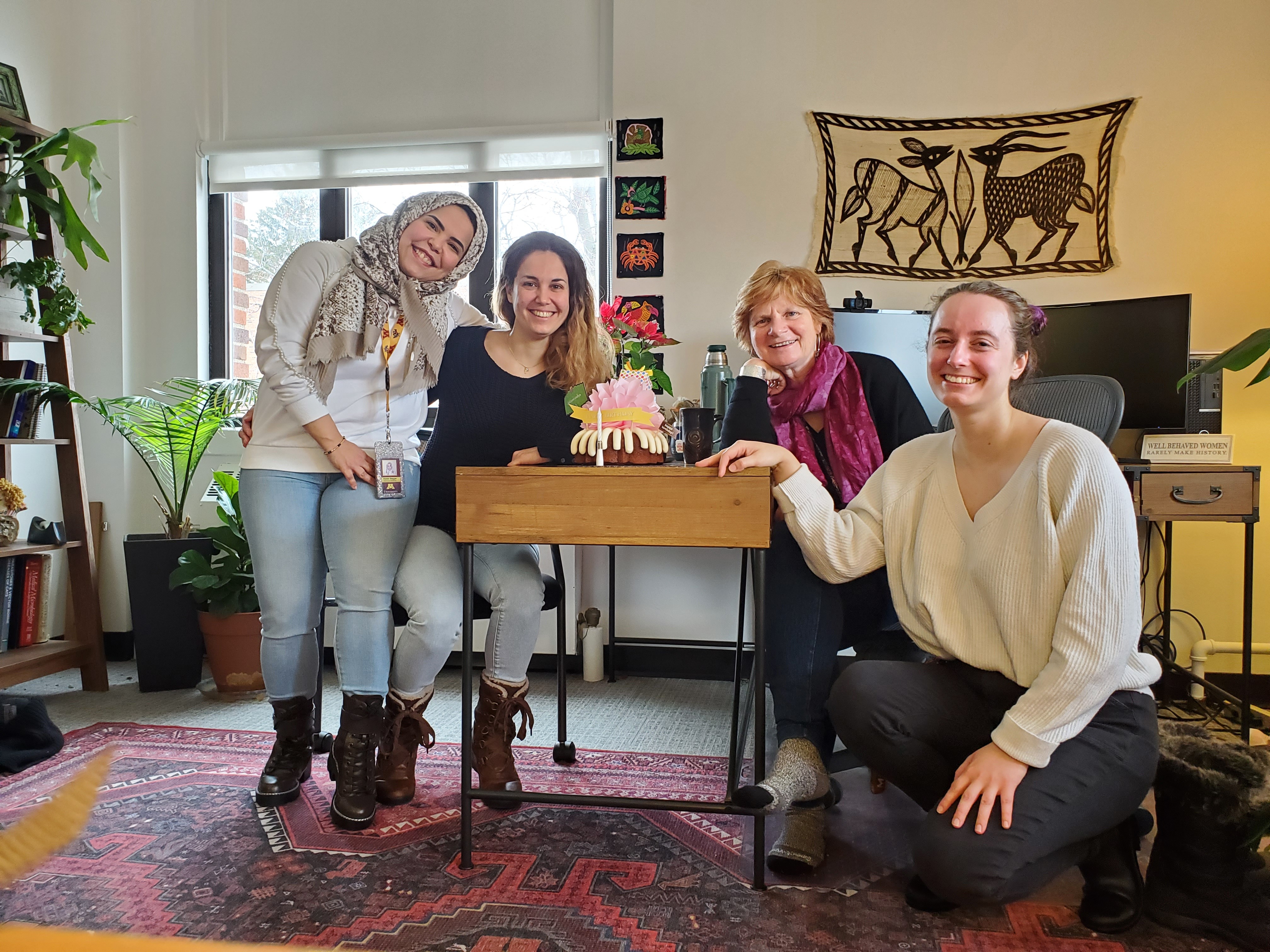 Celebrating Fer's Birthday. From left to right, Hanen Baggar, Fernanda Fumuso, Dr. O'Connor and Mary Piaskowski.